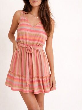 Self Contrast Striped Rayon Lurex Mini Dress Sunset Coastal Boho Tie S